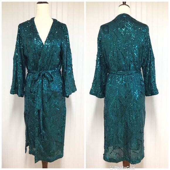 SKIES ARE BLUE Teal Sequin Belted Duster Cardigan Kimono Wrap Size XS/S New - Picture 2 of 14